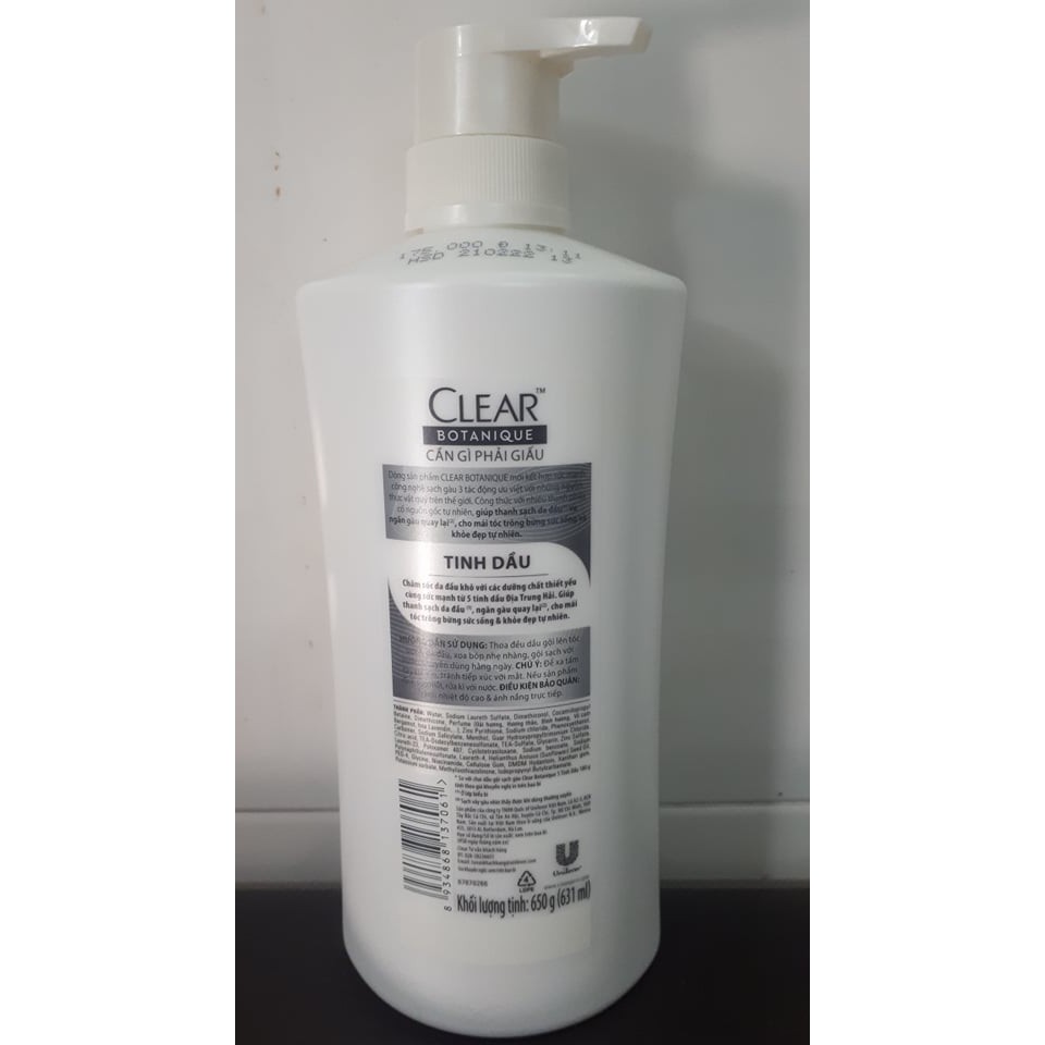 (Mẫu mới) Dầu Gội Clear Botanique 5 Tinh Dầu/ 3 Hạt Siêu Dưỡng 650g