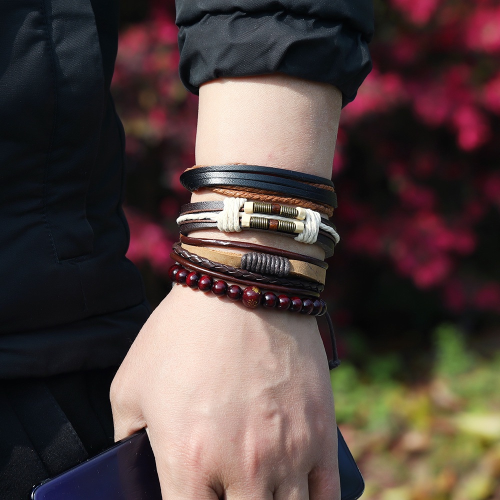 Bộ 4 Vòng Tay Da Bện Nhiều Lớp Đính Hạt Gỗ Thời Trang Cho Nam Nữ