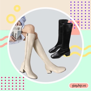 Bốt đùi nữ chất da mềm đế 5p, Giày bốt nữ cao cổ da trơn chất mềm đế vuông phong cách sang chảnh