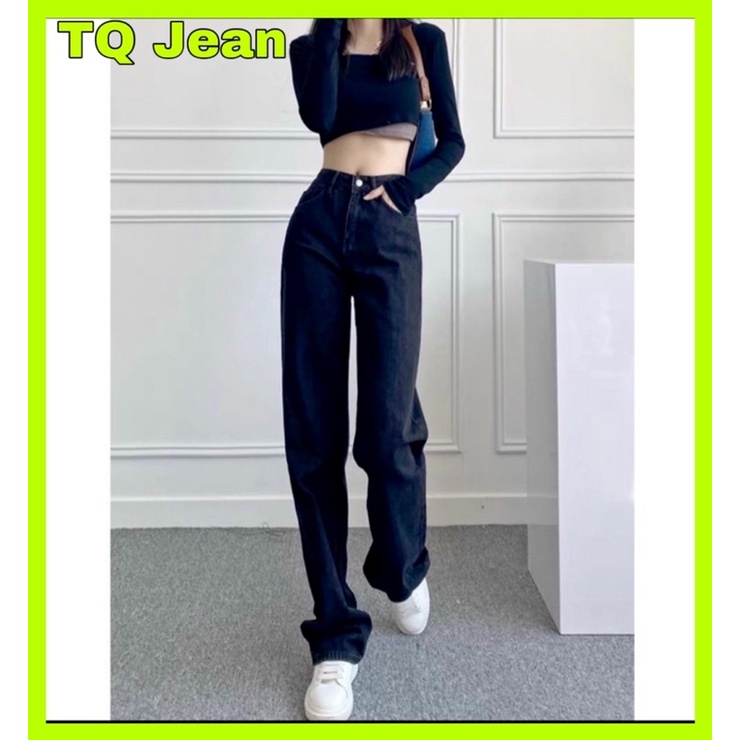 (Giảm ngay 10k) Quần jean nữ ống rộng màu đen trơn TQJean cá tính dễ phối