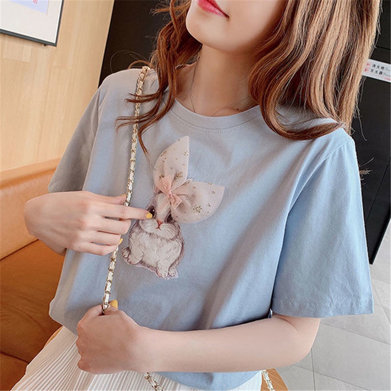 Áo Thun Cotton Tay Ngắn Màu Trắng In Hình Thỏ Phong Cách Mới 2022 Cho Nữ