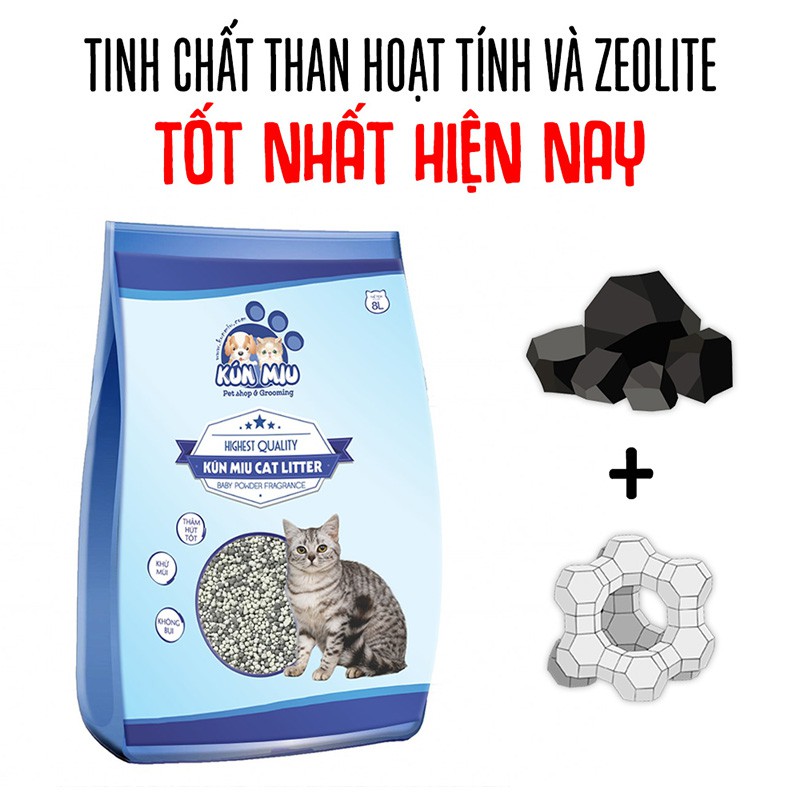 Cát vệ sinh cho mèo Kún Miu hương phấn 8L Tinh chất bentonite, than hoạt tính và zeolite cao cấp(giao hàng siêu nhanh)