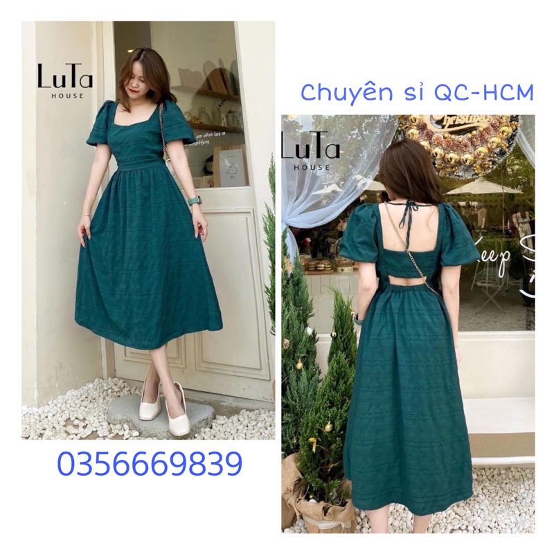 Đầm Xanh Dáng Dài Hở Lưng Cổ Vuông Tay Phồng kiểu Pháp