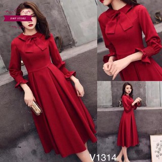 Váy đầm đỏ umi bo tay sku 0314 cổ nơ thiết kế