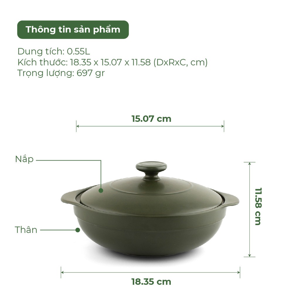 Nồi dưỡng sinh Minh Long  Luna 0.55L + nắp Healthycook Xanh rêu - Gốm sứ cao cấp Minh Long I
