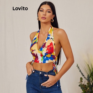 1221de-Áo croptop Lovito hở lưng cổ yếm dây rút may chắp vá phong cách Boho L18D094 (Nhiều màu)