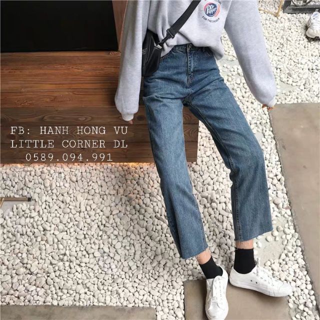 Quần baggy jeans ống dài xanh đá cạp cao loe nhẹ form Ulzzang kèm ảnh thật