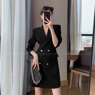 ⚡️bán sỉ⚡️đầm đen cổ vest cúc đồng tay lửng