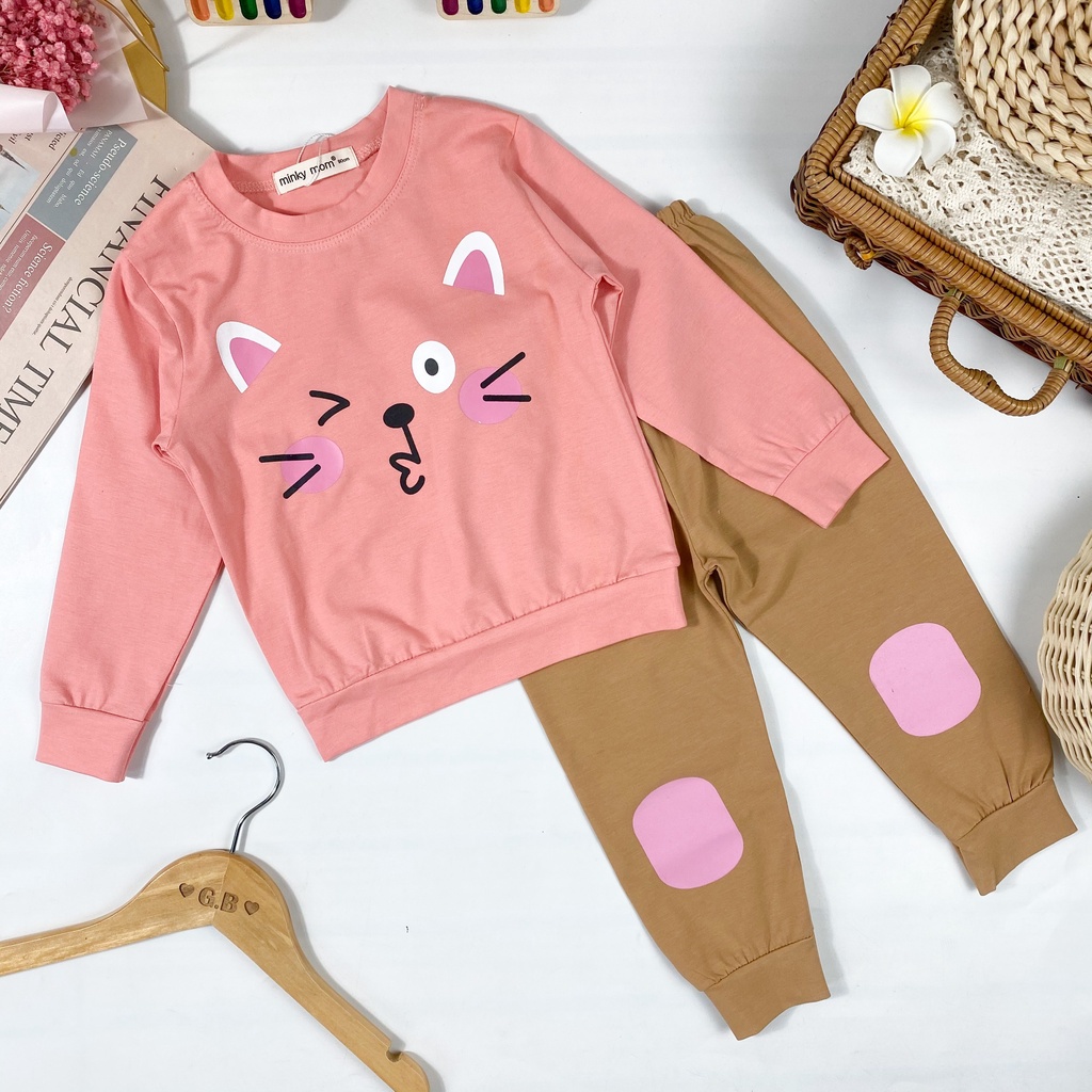 [SZĐẠI] Bộ Dài Tay Vải Cotton Cho Bé Trai, Bé Gái Minky Mom Hoạ Tiết 3D Mèo Con,Đồ Bộ Cho Bé Mặc Nhà Thu Đông MKMTD2239