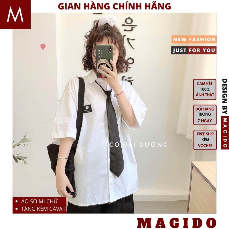 (QUÀ TẶNG LÀ DÂY BUỘC TÓC) áo sơ mi nữ kèm cà vạt 💚 áo sơ mi thêu hoa cúc, thêu gấu nữ trắng cực xinh, kèm cà vạt MAGIDO | BigBuy360 - bigbuy360.vn