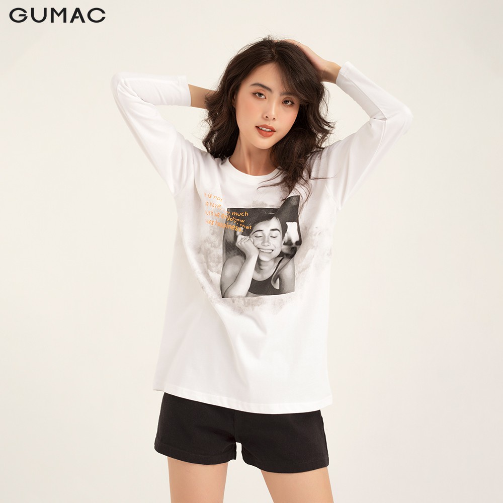 Áo thun nữ phom rộng tay dài in loang GUMAC thiết kế basic ATB1123