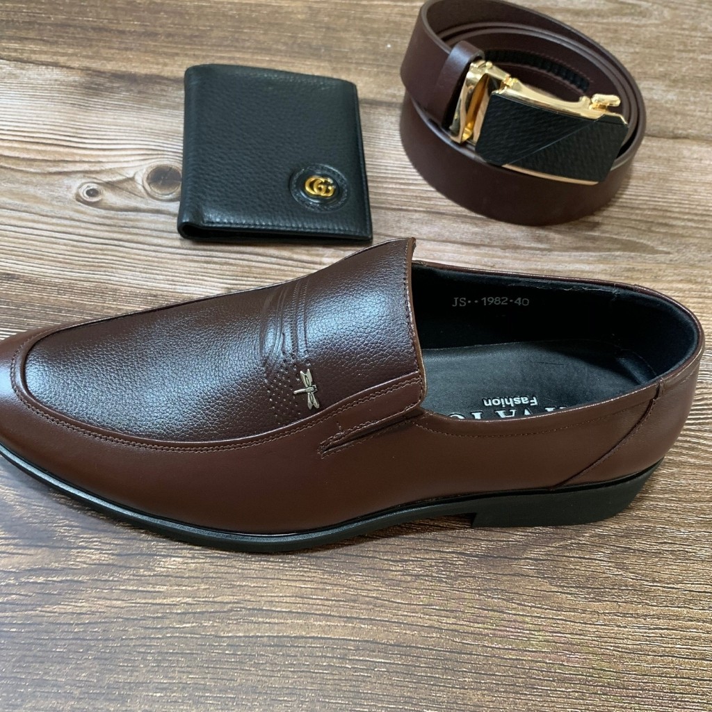 Giày nam trung niên da bò chuẩn nguyên tấm 100% màu nâu đế cao su có khâu phom chuẩn