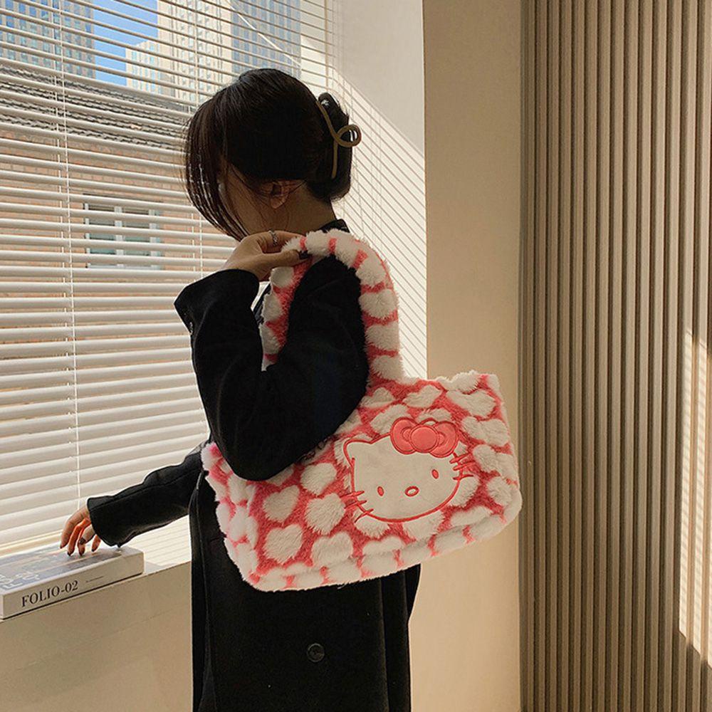 Túi Đeo Chéo Đựng Điện Thoại Phối Lông Họa Tiết Trái Tim Phong Cách Lolita