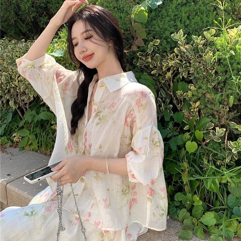 Set áo sơmi váy hoa dáng dài ulzzang