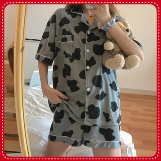 Đồ Ngủ Pijama Ngắn Tay, Bộ Ngủ Họa Tiết Bò Sữa Xám Trắng Ulzzang Hot Trend