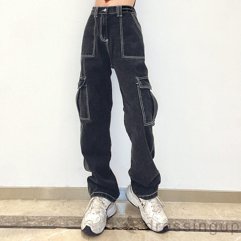 Quần Denim Lưng Cao Phong Cách Hip Hop Cho Nữ