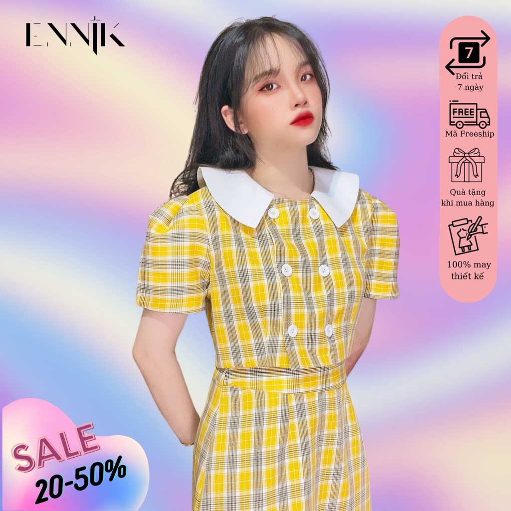 Set đồ nữ đi chơi Ennik cá tính croptop hàn quốc vàng sọc caro chất liệu Kate lụa