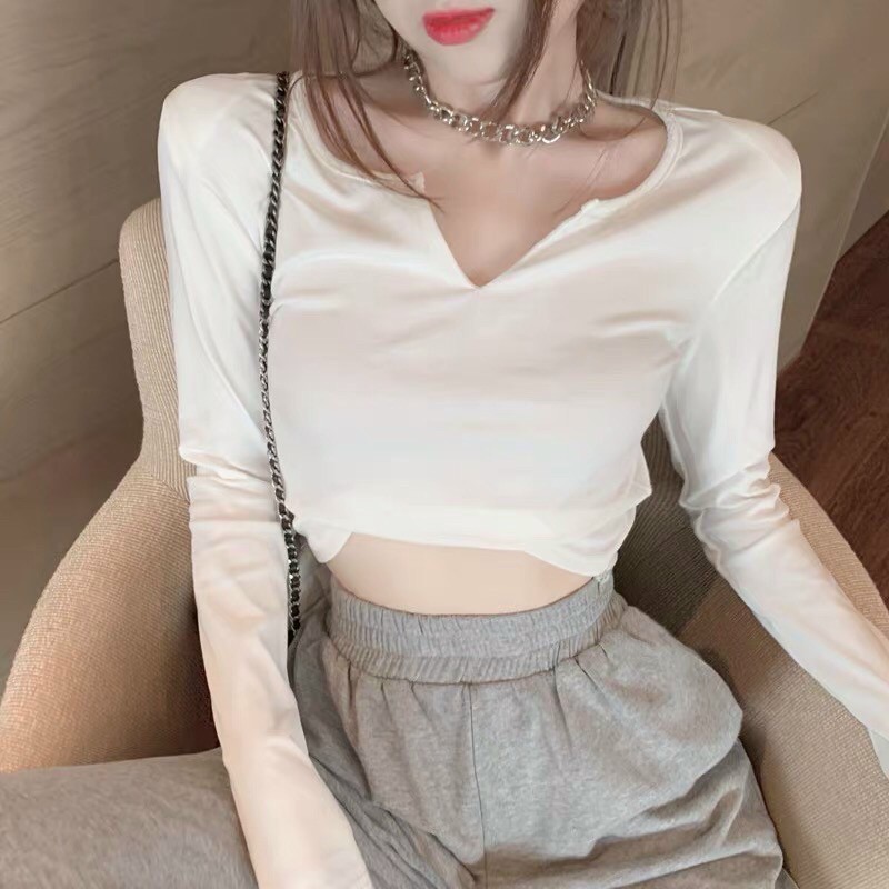 Áo croptop tay dài cổ V chất thun borip cao cấp - B0L