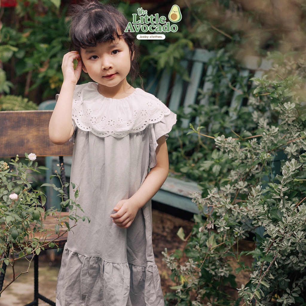Đầm cánh tiên chất liệu linen thiên nhiên cổ ren xinh xắn cho bé gái THE LITTLE AVOCADO xám nhạt/be cam