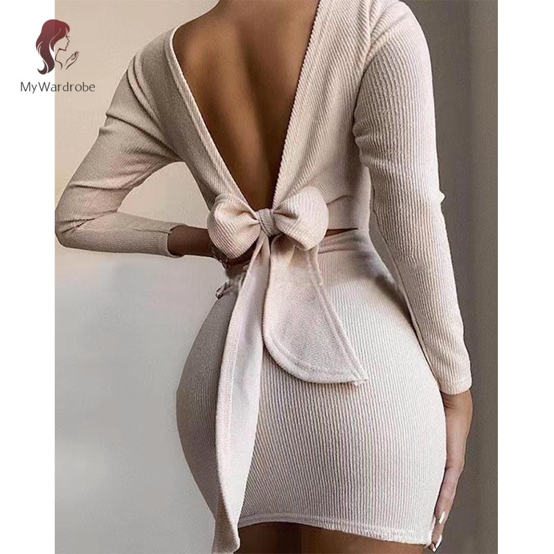 Đầm Mini Ôm Dáng Tay Dài Hở Lưng Phối Nơ Thời Trang Cho Nữ | BigBuy360 - bigbuy360.vn