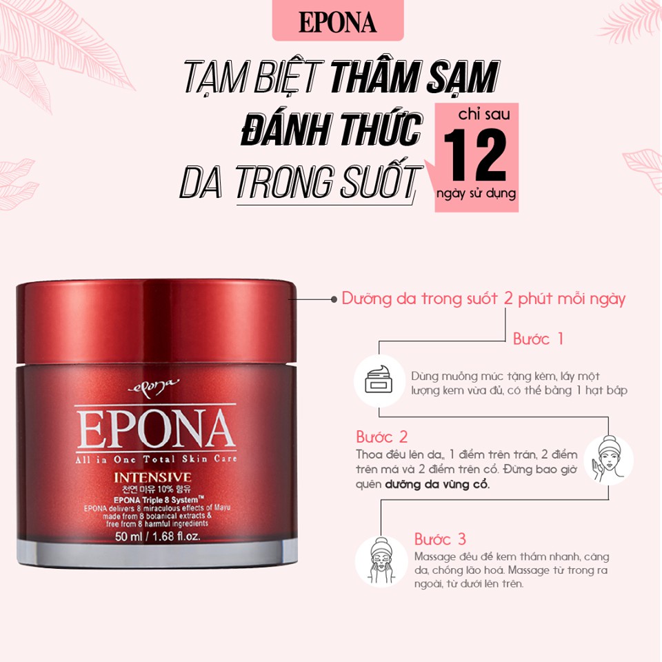 Kem Dưỡng Epona Trắng Da, Nâng Tone Mỏng Nhẹ, Chống Lão Hóa Mờ Thâm Nám, Xóa Mờ Nếp Nhăn, Phục Hồi Da Hư Tổn 50ml