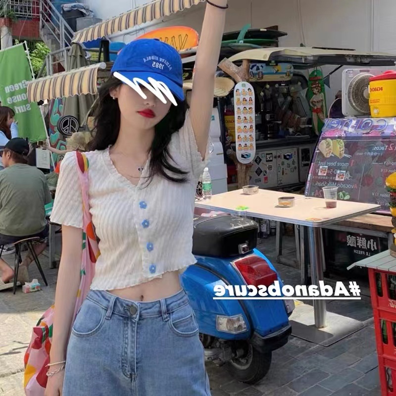 [Hana And Alice] Áo Cardigan Dệt Kim Tay Ngắn Cài Nút Họa Tiết Hoa Nấm Xếp Ly