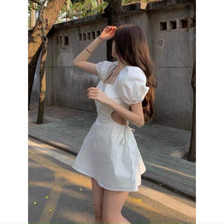 Đầm nữ cột dây lưng khoét eo tay phồng, váy cổ vuông mặc đi chơi, đi biển sexy, bánh bèo xinh xắn