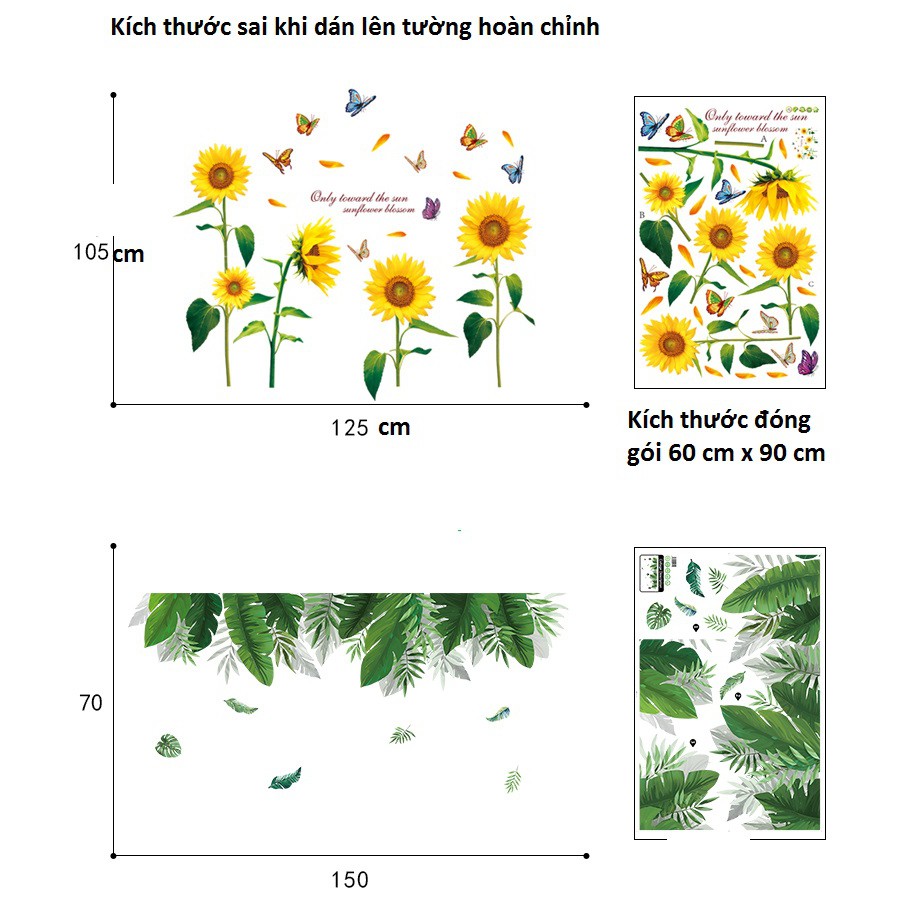 Decal dán tường hoa mặt trời combo phong cảnh lá xanh sinh động dán được cửa kính, gỗ