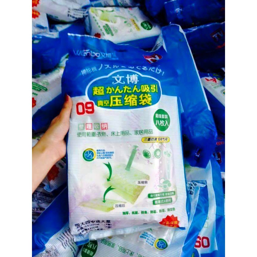 Sét 8 túi hút chân không đựng quần áo chăn màn siêu gọn kèm bơm điện 2 chiều Wenbo