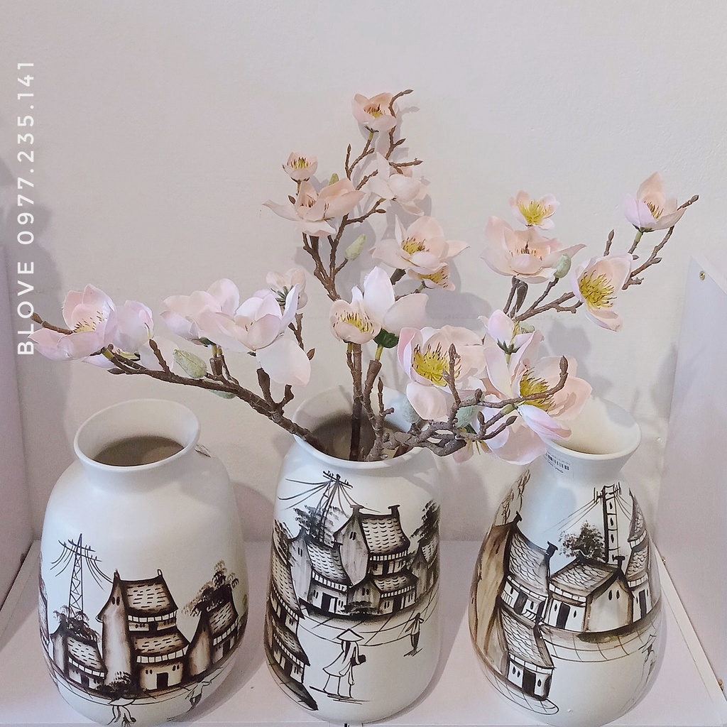 Quà tặng cao cấp,Bộ 3 bình hoa phố cổ,Gốm sứ bát tràng vẽ tay thủ công, Trang trí nhà cửa,decor cực xinh