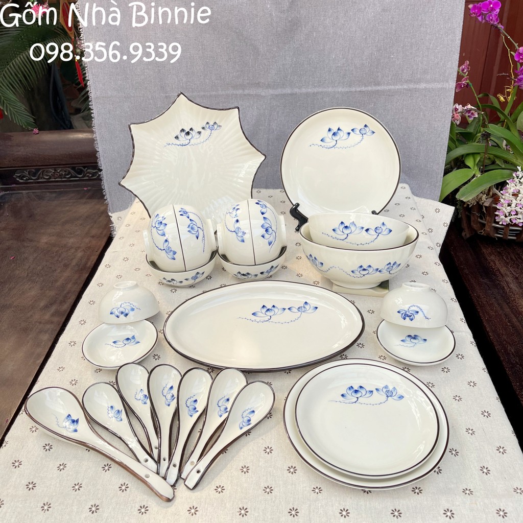 Bộ bát đĩa sứ Bát Tràng - Hoạ tiết hoa sen - Set gia đình 4 người