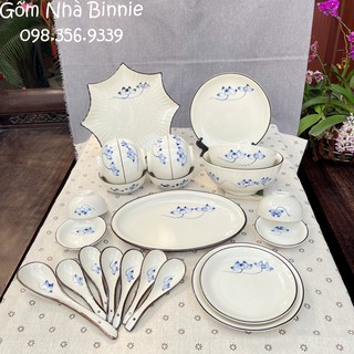 Bộ bát đĩa sứ Bát Tràng - Hoạ tiết hoa sen - Set gia đình 4 người