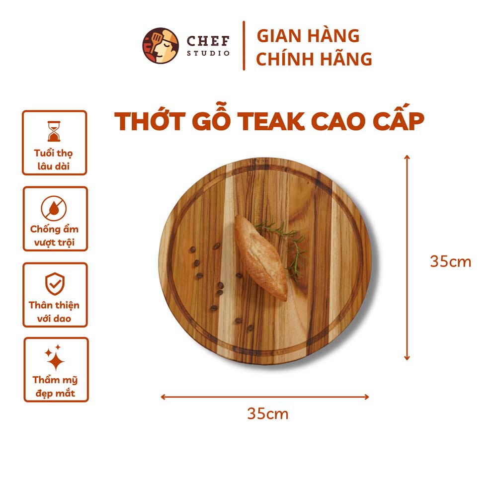 Thớt gỗ Teak Chef Studio cao cấp hình tròn có rãnh, dày 1.4 cm dùng cho cắt thái và trang trí