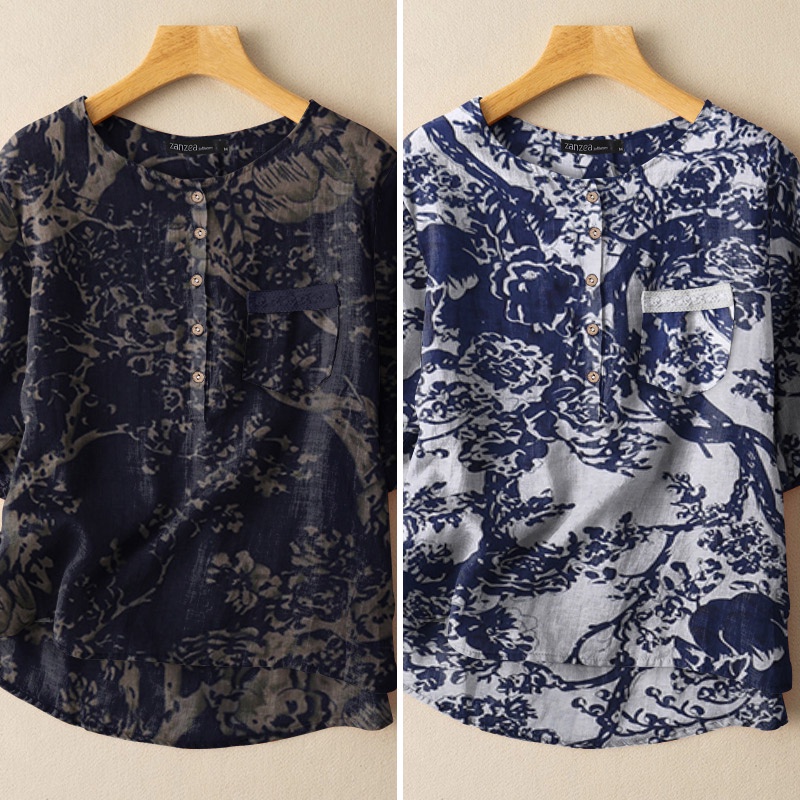 Áo kiểu Zanzea tay lửng cổ tròn in họa tiết thời trang cho nữ