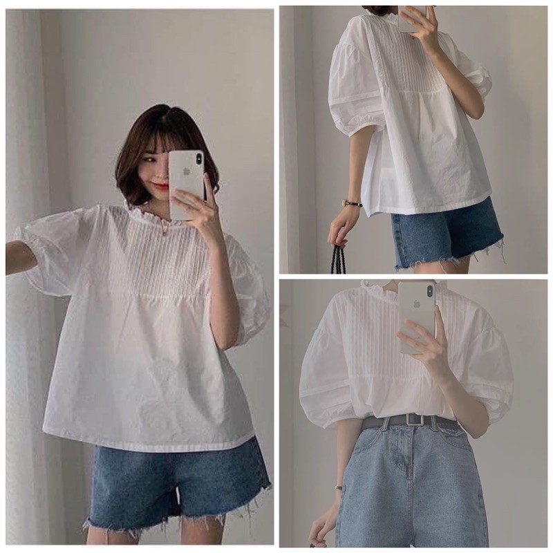 Áo sơ mi tay lỡ xếp li ngực.Áo sơ mi trắng( có sẵn)