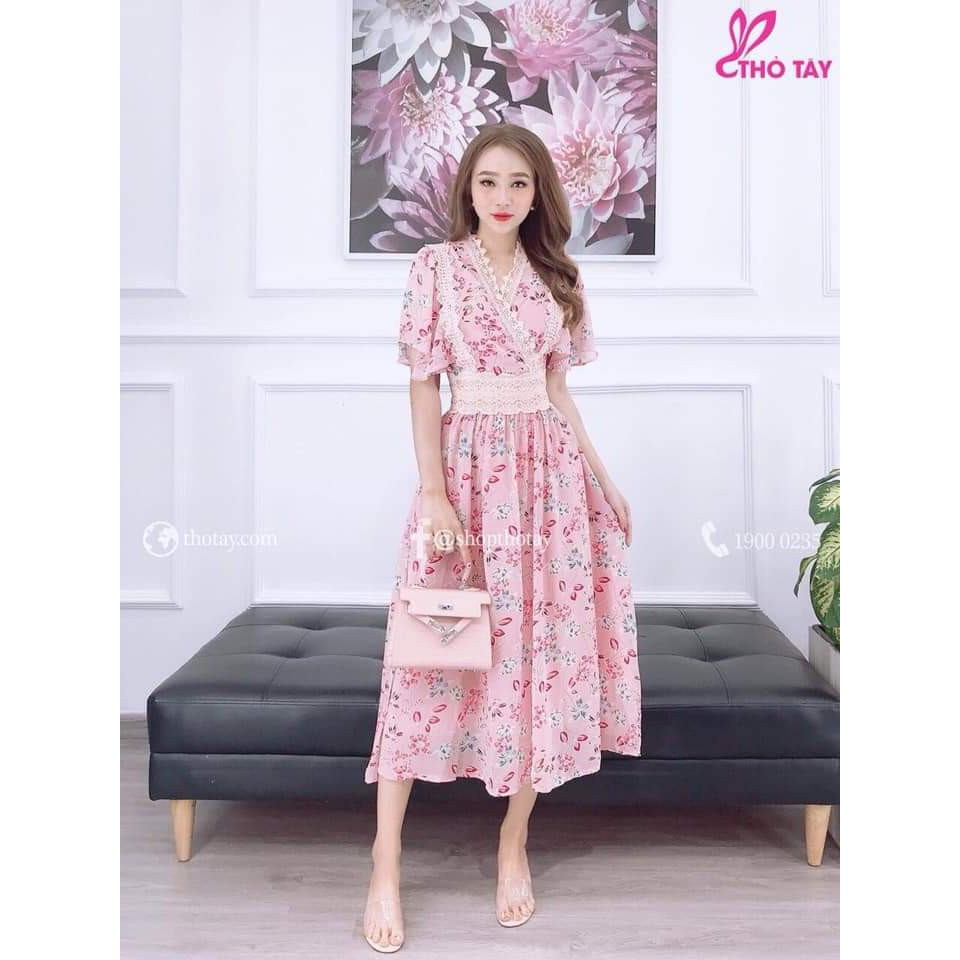 Đầm maxi voan 2 lớp cao cấp họa tiết phối ren tay cánh tiên sang chảnh