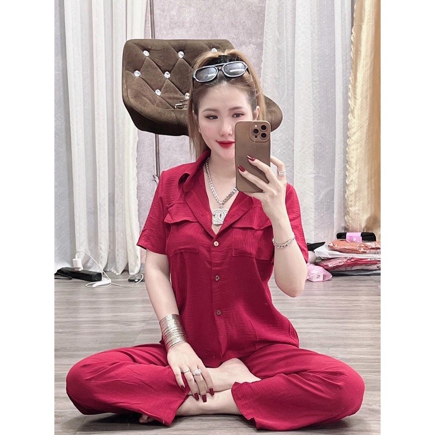 Set bộ sơ mi đũi 2 túi quần dài, bộ nữ cộc tay quần ống xuông đi chơi dạo phố xinh xắn