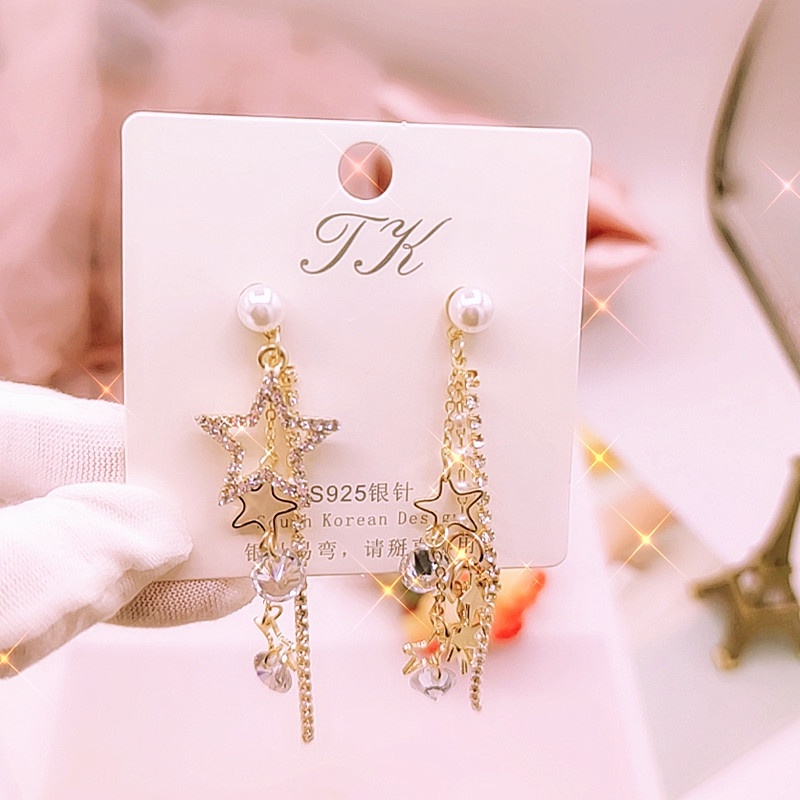 Khuyên Tai Tua Rua Dài Hình Ngôi Sao Năm Cánh Đính Ngọc Trai Sang Trọng Thời Trang Hàn Quốc