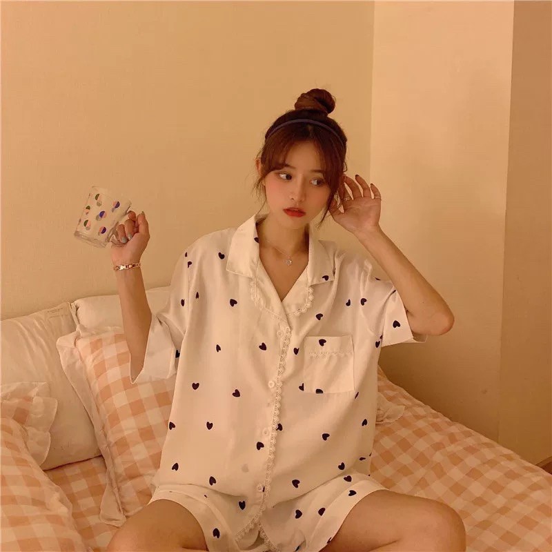 [HÀNG ORDER 3 NGÀY]  🔆  Bộ đồ ngủ Trắng áo sơ mi kèm quần vải Cotton in Hình trái tim xinh xắn hàng Quảng Châu cao cấp