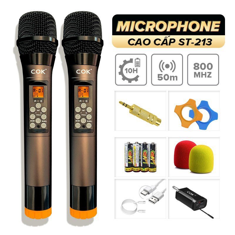 Bộ 2 micro không dây COK ST-213 đa năng cao cấp chỉnh âm [phù hợp mọi loa kéo & dàn âm ly]