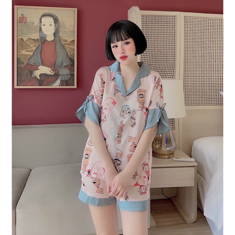 Đồ bộ mặc nhà nữ lụa satin chất mát, mềm mại, tay lửng gắn nơ siêu đẹp