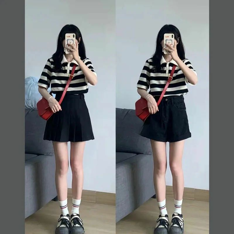 Áo Polo Nữ Ngắn Tay Kẻ Ngang Thêu Hình Quả 🍒  ❤️