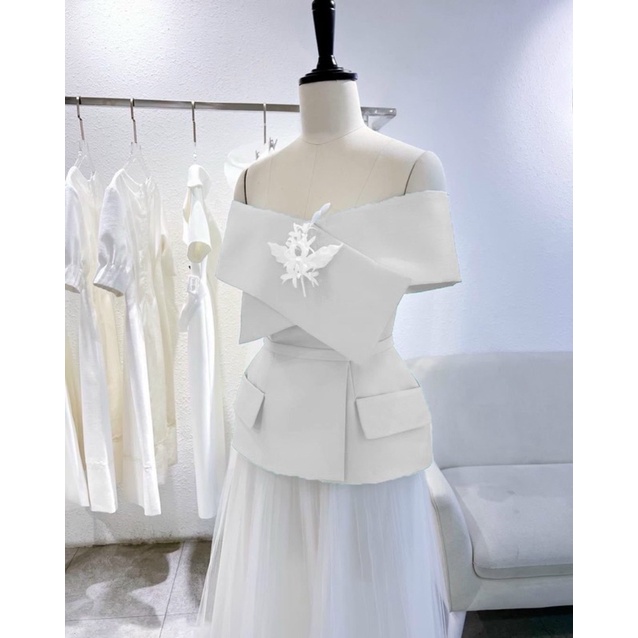 SÉT ÁO + CHÂN VÁY BẸT VAI PHỐI MÀU  ( áo, chân váy, hoa cài áo , dây nịt eo) full size S/M/L/XL