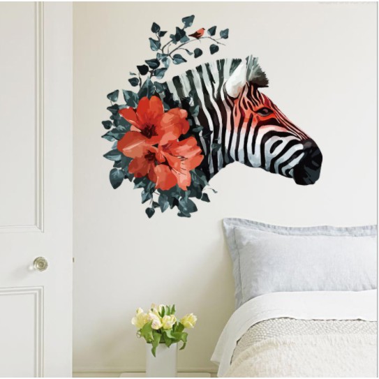 Decal trang trí tường ngựa vằn và hoa