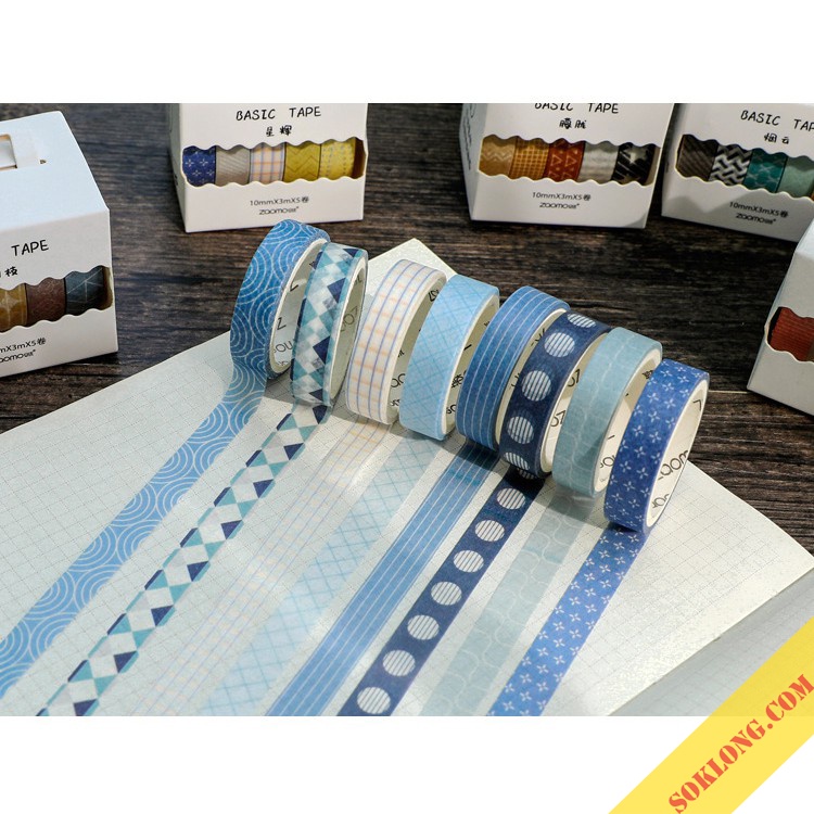 Set 5 Washi tape băng dính nhiều màu trang trí đa năng, sổ bullet journal