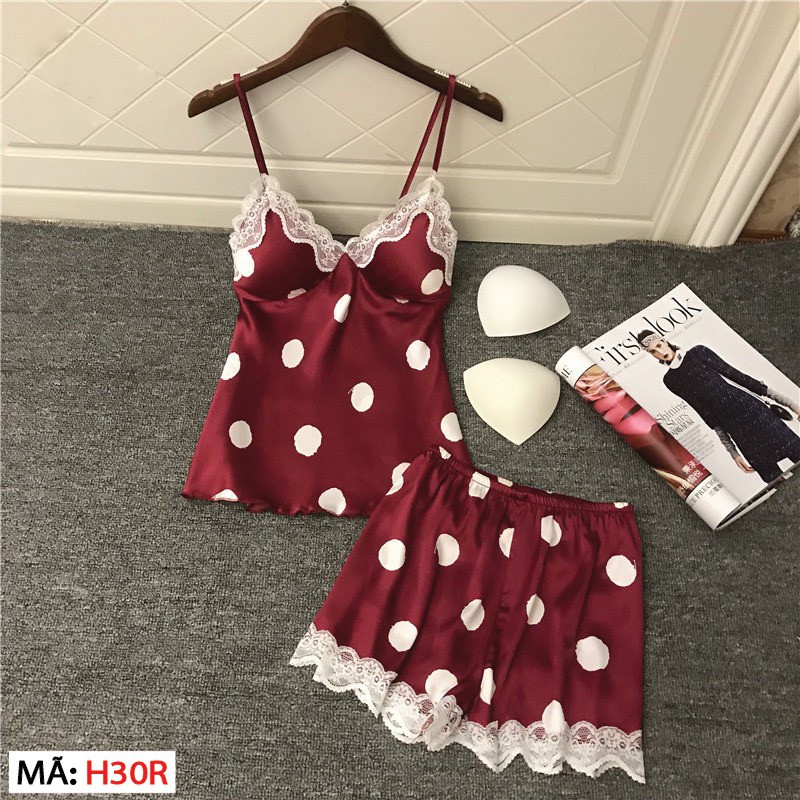 HISEXY Đồ Bộ Ngủ Chấm Bi Có Mút Ngực Quần Cộc Lụa Satin Có Mút Ngực MS38 | BigBuy360 - bigbuy360.vn