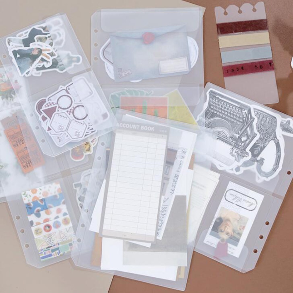 Set 2 túi đựng thẻ / hóa đơn / hình dán A5 / A6 bằng nhựa cho sổ binder và sổ kế hoạch với 6 vòng khoen