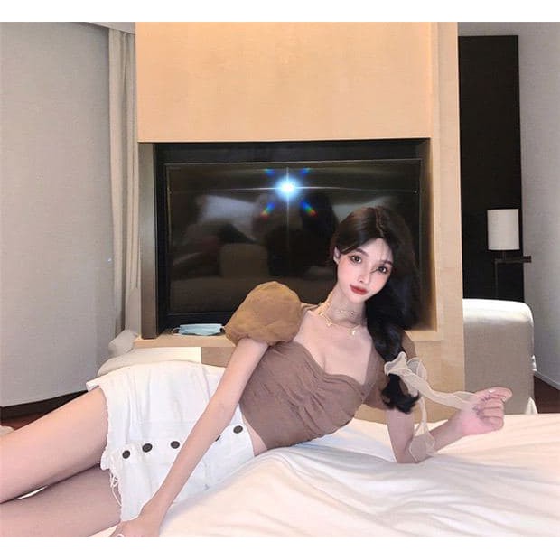 [Mã WASKT410K giảm 10K đơn 50K] Áo Croptop Lưới Tay Phồng Cúp Ngực (NUDE) | BigBuy360 - bigbuy360.vn