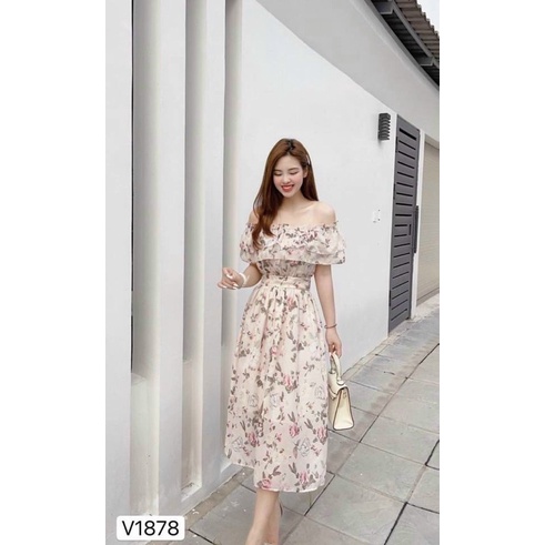 Đầm hoa xoè bèo ngực trễ vai chất liệu voan châu tôn kèm lót dịu dàng nữ tính