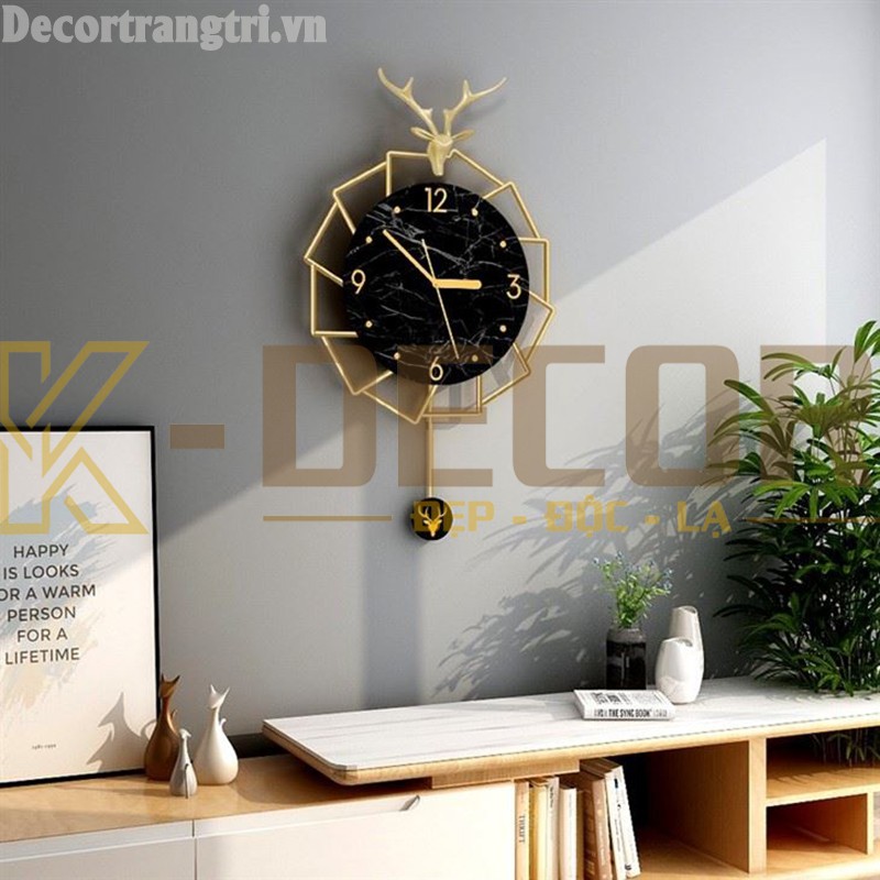 Đồng hồ treo tường quả lắc đầu hươu kim trôi cao cấp K868 decor trang trí phòng khách KOKA